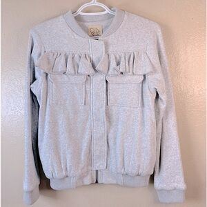 CHASER Heather Gray Ruffle detail Zip Up Long Sleeve Bomber Jacket Size S
